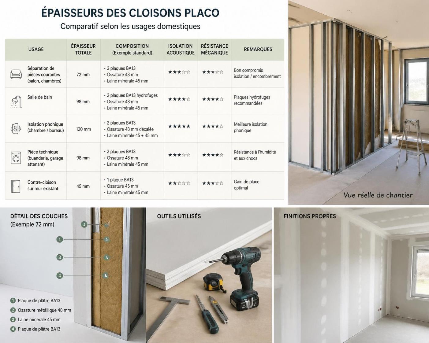 découvrez notre tableau comparatif des épaisseurs de cloisons placo, analysant leurs usages, performances acoustiques et thermiques pour choisir la meilleure solution pour vos projets.