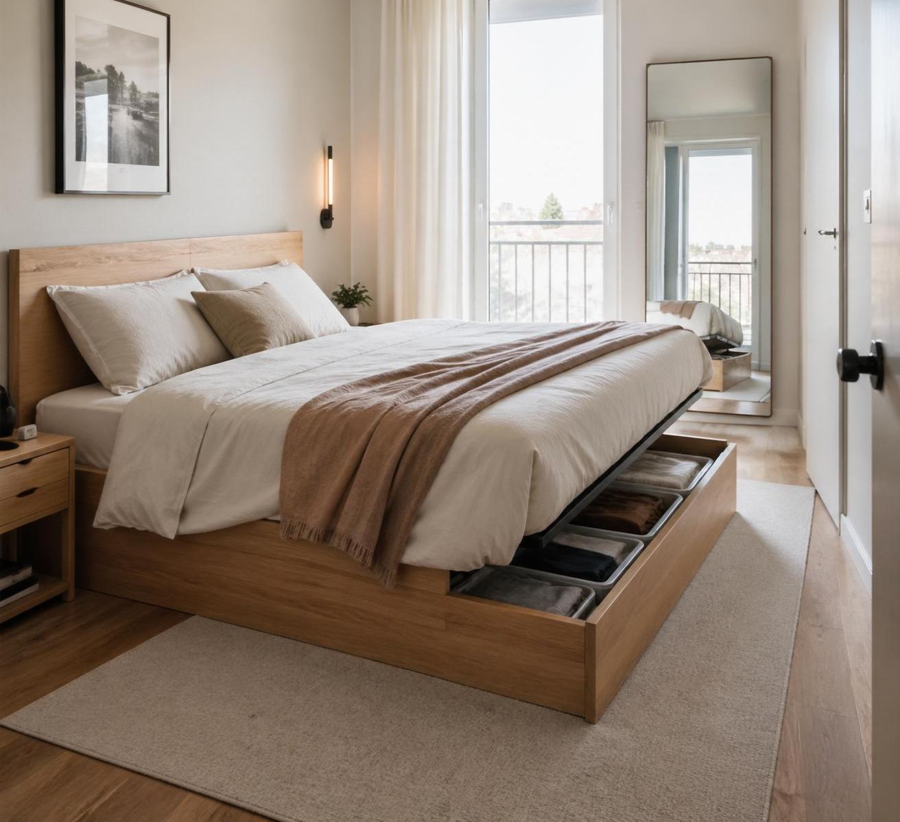 optimisez votre espace avec notre lit avec rangement intégré, idéal pour une chambre bien organisée et un intérieur épuré.